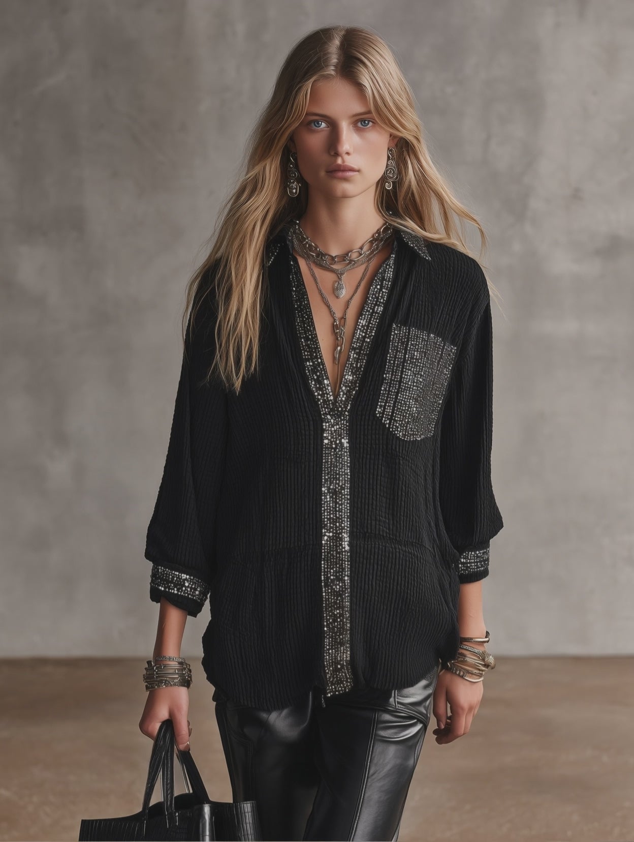 Women's Embellished Sequin Trim Oversized Blouse