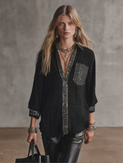 Women's Embellished Sequin Trim Oversized Blouse