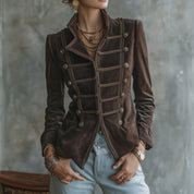 Women's Vintage Military Style Braided Trim Button Blazer Jacket
