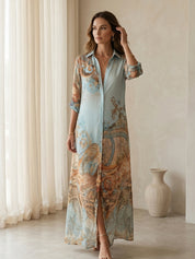 Baroque Style Floral Blue Chiffon Maxi Dress